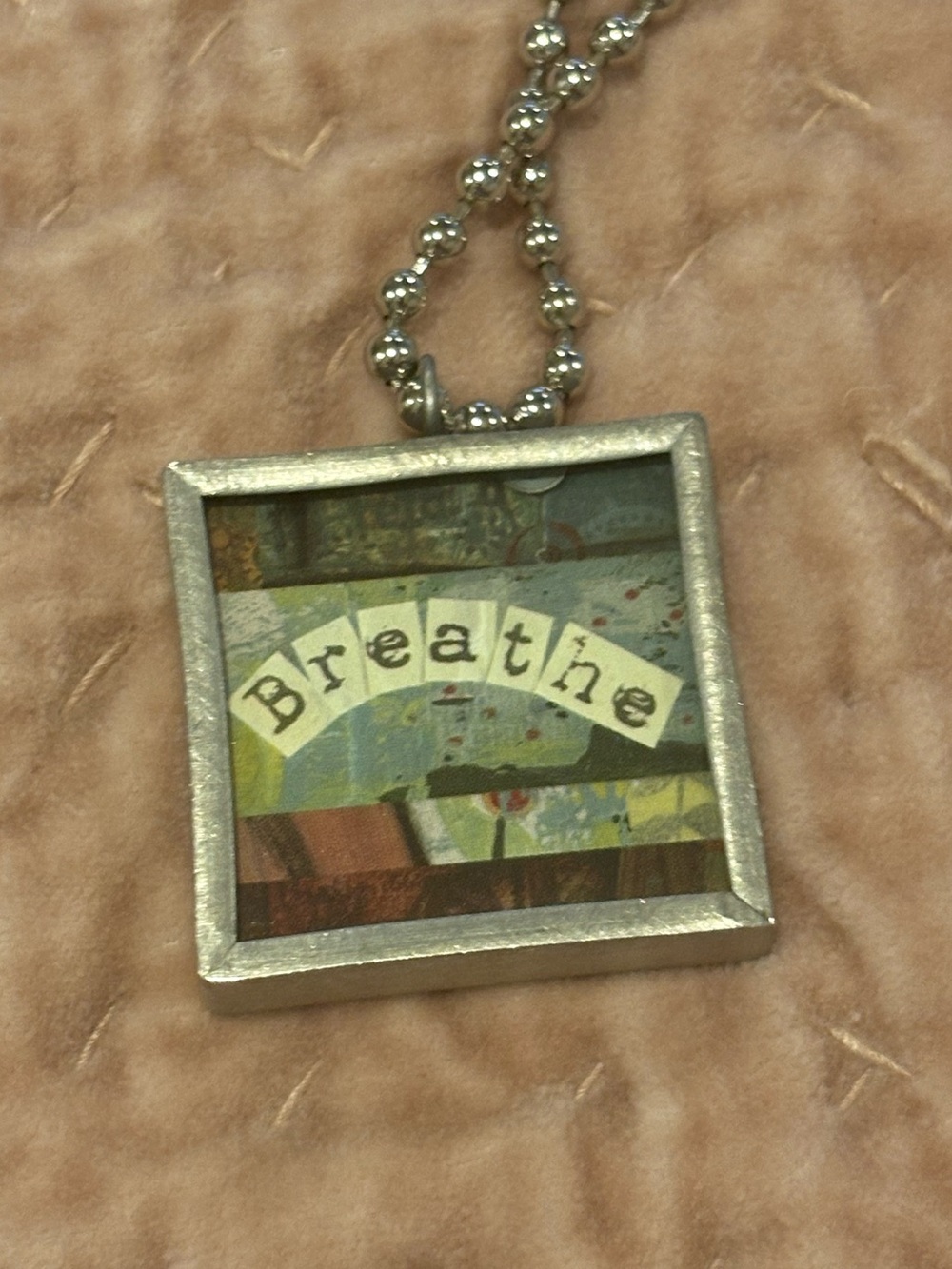 Adorable Square 'Breathe' Pendant Necklace in Silver Tone Handmade Market